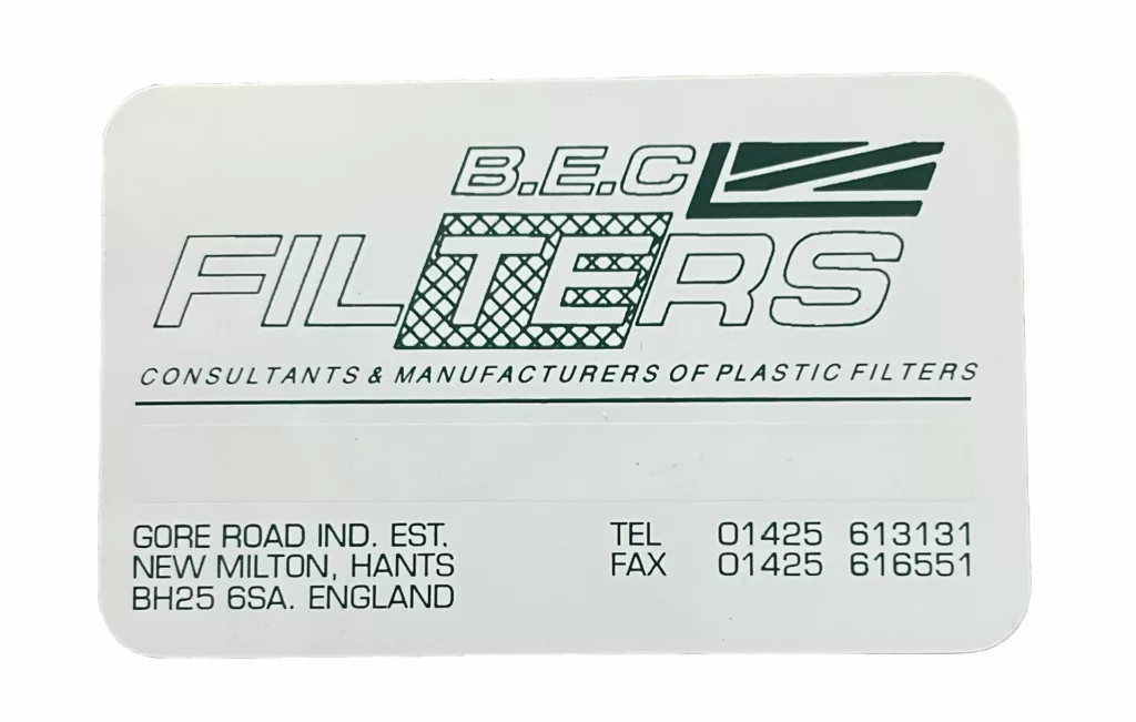 A BEC Filters business card from the 1980s
